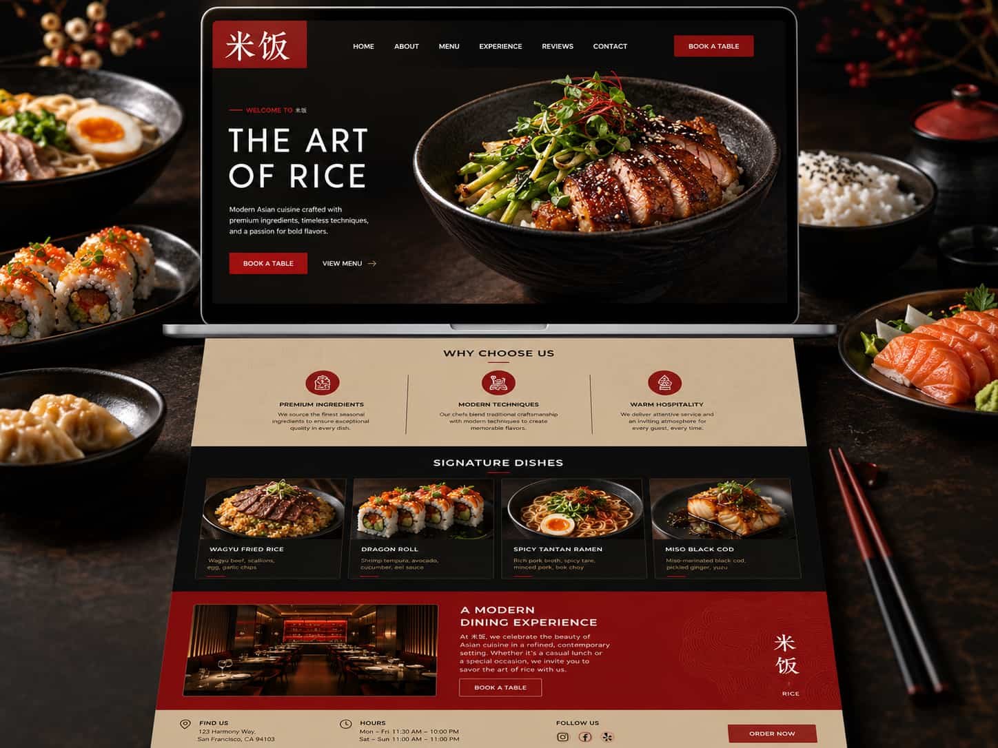 Restaurant website design with modern responsive layout and online branding